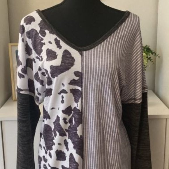 Grey Spot Print Color Block Blouse - Picture 3 of 3